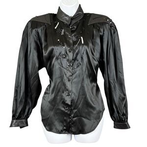 80’s Vtg Marc D’Alcy Paris Blk Silk & Leather Blouse Embellished Big Shoulders 6